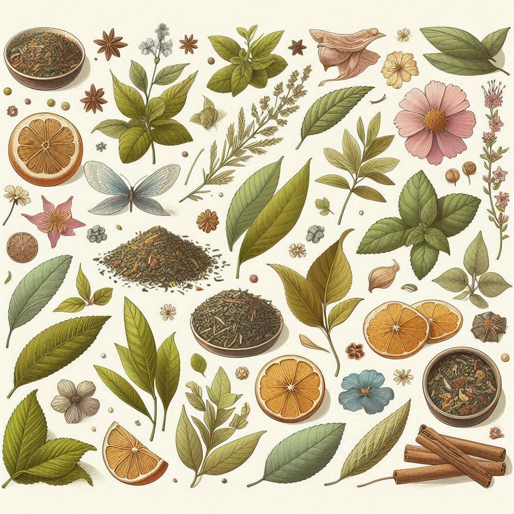 A colorful illustration of assorted herbal tea leaves